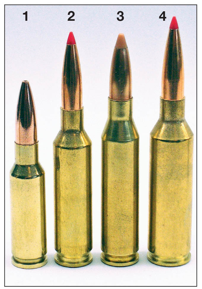 Modern 6.5mm cartridges include the (1) 6.5 Grendel, (2) 6.5 Creedmoor, (3) .260 Remington and the (4) 6.5 PRC.